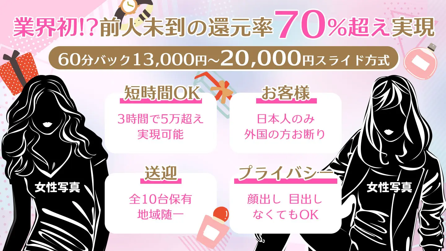 業界初?前人未到の還元率70%超え実現!60分バック13,000円~20,000円スライド方式。短時間OK:3時間で5万超え実現可能!お客様:日本人のみ、外国の方お断り。送迎:全10台保有、地域随一!プライバシー:顔出し・目出しなくてもOK!